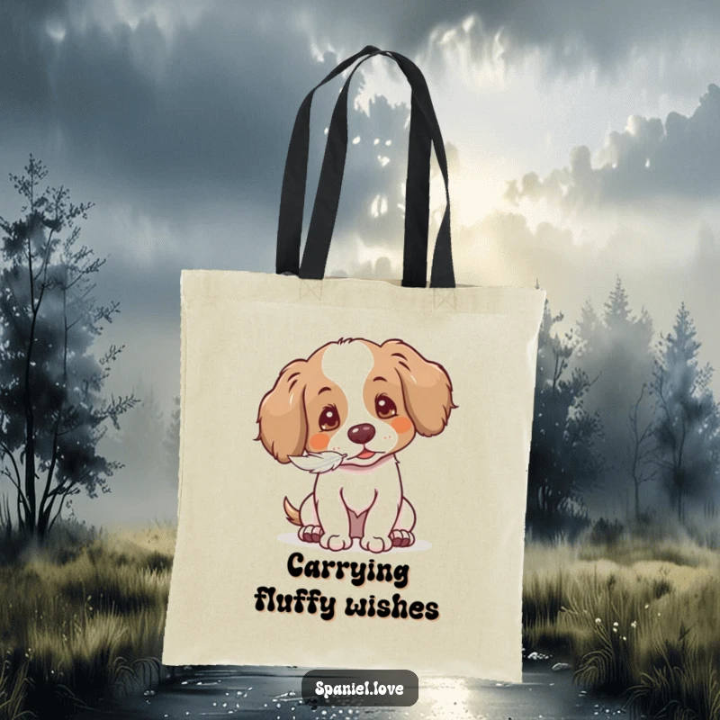 Funny Gentle Spaniel Tote Bag: spaniel blowing a feathery seed, ideal for carrying sweetness and dog love.