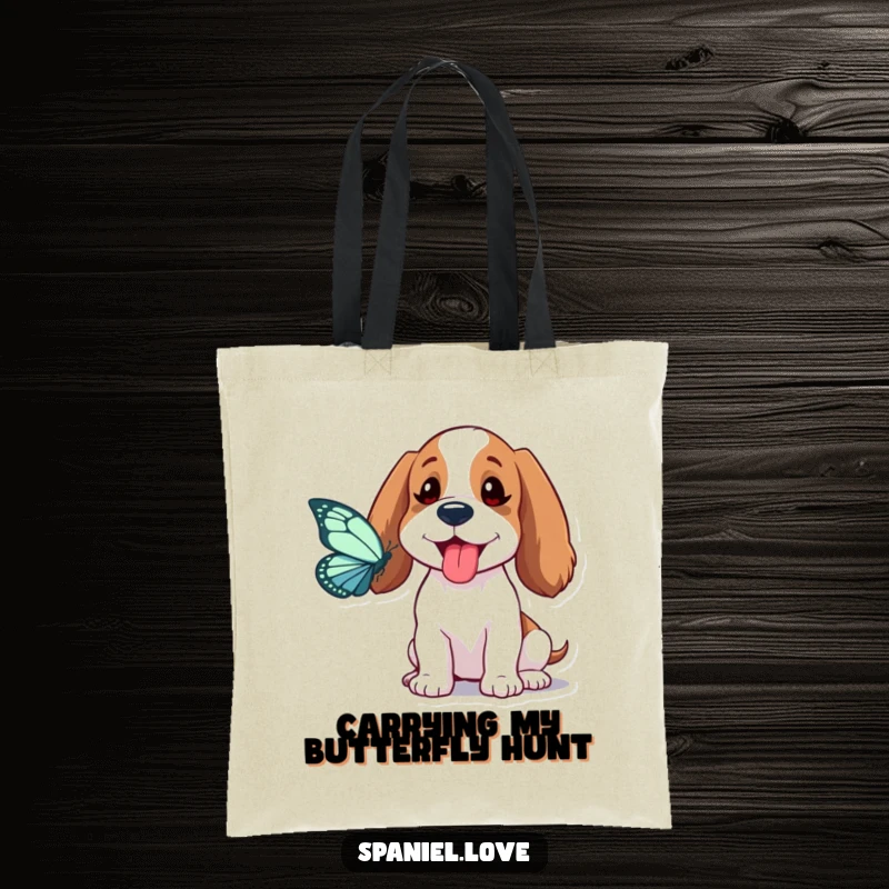Funny Spaniel Tote Bag: A spaniel playfully sticks its tongue out chasing a butterfly, a charming carry-all for dog lovers.