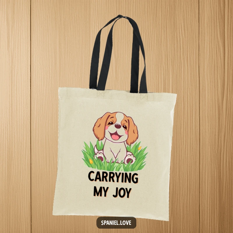 Funny spaniel tote bag depicting a happy spaniel rolling in grass with a sigh, a charming accessory.