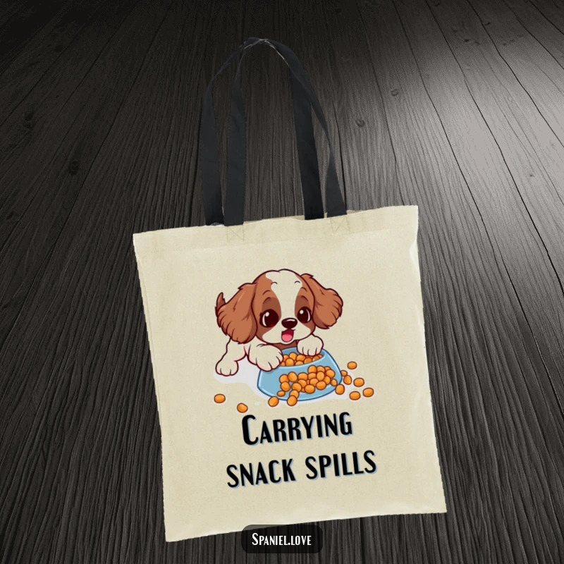 Funny spaniel tote bag depicting a surprised dog comically sliding on spilled kibble, ideal for carrying essentials with a humorous touch.
