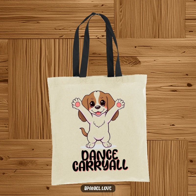 Funny spaniel doing a silly dance with paws in the air on a tote bag, ideal for carrying essentials with playful style.