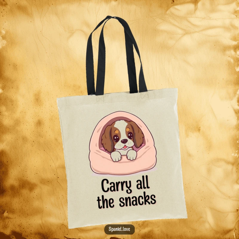 Funny spaniel puppy peeking from behind a dog bed, full of hopeful anticipation, on a durable tote bag.