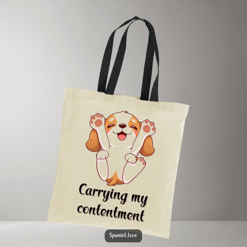 Funny spaniel tote bag with a cartoon spaniel playfully rolling onto its back, paws in the air, with a happy grin.