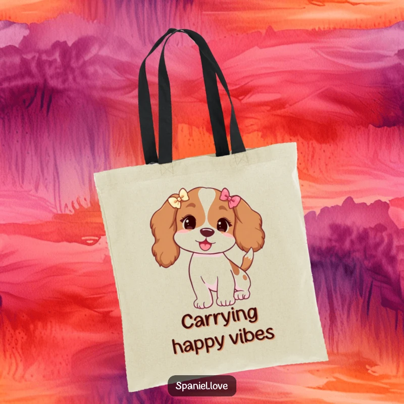Funny tote bag showcasing a spaniel with floppy ears wearing tiny bows, its tail wagging energetically.