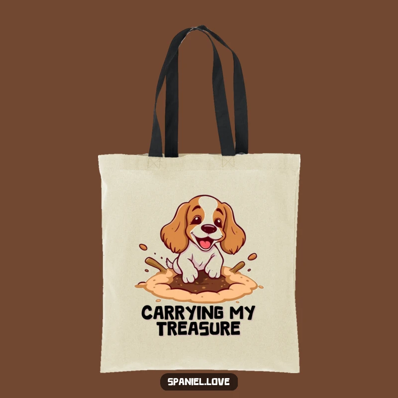 Funny Spaniel Digging Hole Tote Bag: Messy Dog Dirt Flying Carryall