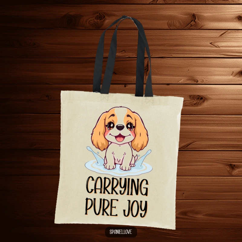 Funny Spaniel Tote Bag: A spaniel with twinkling eyes splashes joyfully in a puddle humorously depicted as giggles.