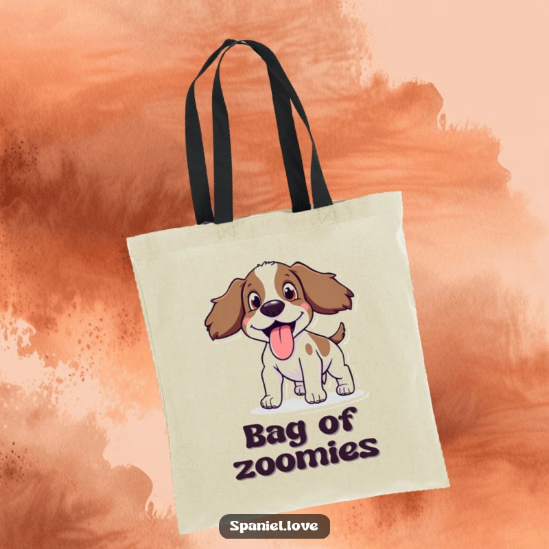 Funny Spaniel Tote Bag showing a happy spaniel panting with its tongue out, a cheerful accessory.