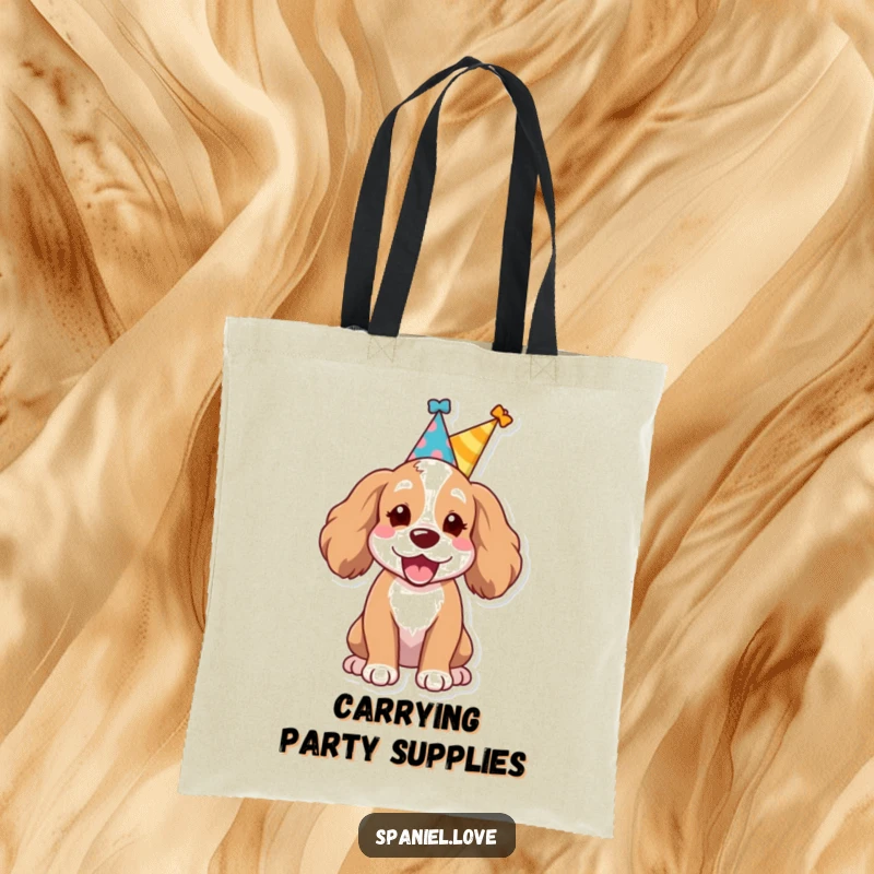 Funny Spaniel dog wearing a small party hat, letting out a joyful bark on a tote bag, a perfect accessory for parties.