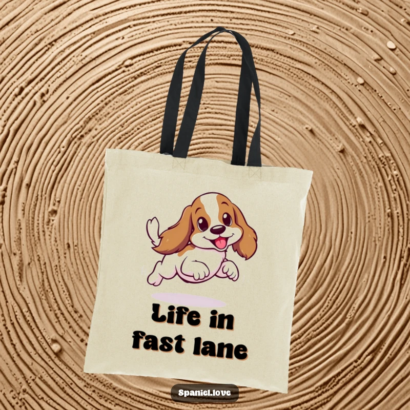 Funny spaniel dog in a hilarious sideways scurry, tail a blur, on a durable tote bag.