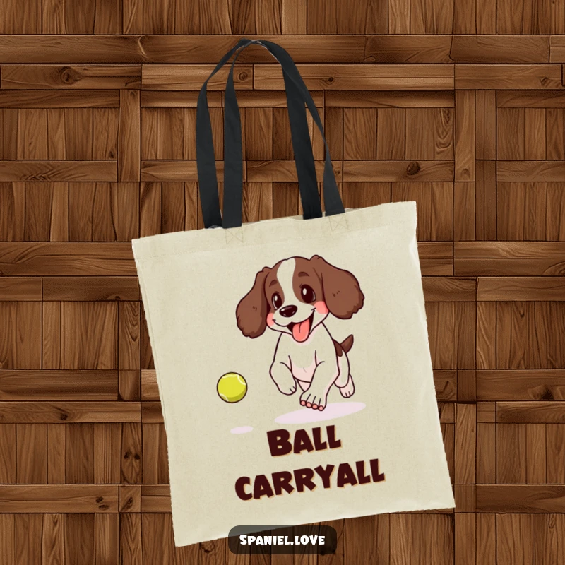 Funny tote bag showing a spaniel panting happily with its tongue lolling out, actively chasing a bouncing tennis ball.