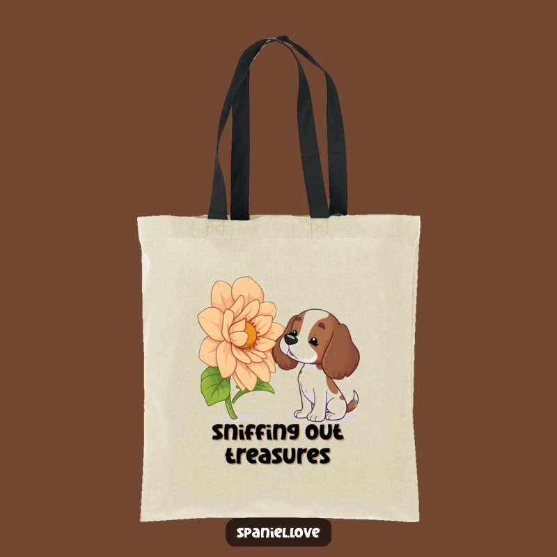 Funny Spaniel Tote Bag: Cute Dog Sniffing Big Flower, Practical Gift
