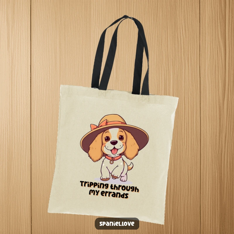 Funny spaniel tote bag, a playful dog stumbling while wearing a comically large hat, practical and full of laughs.