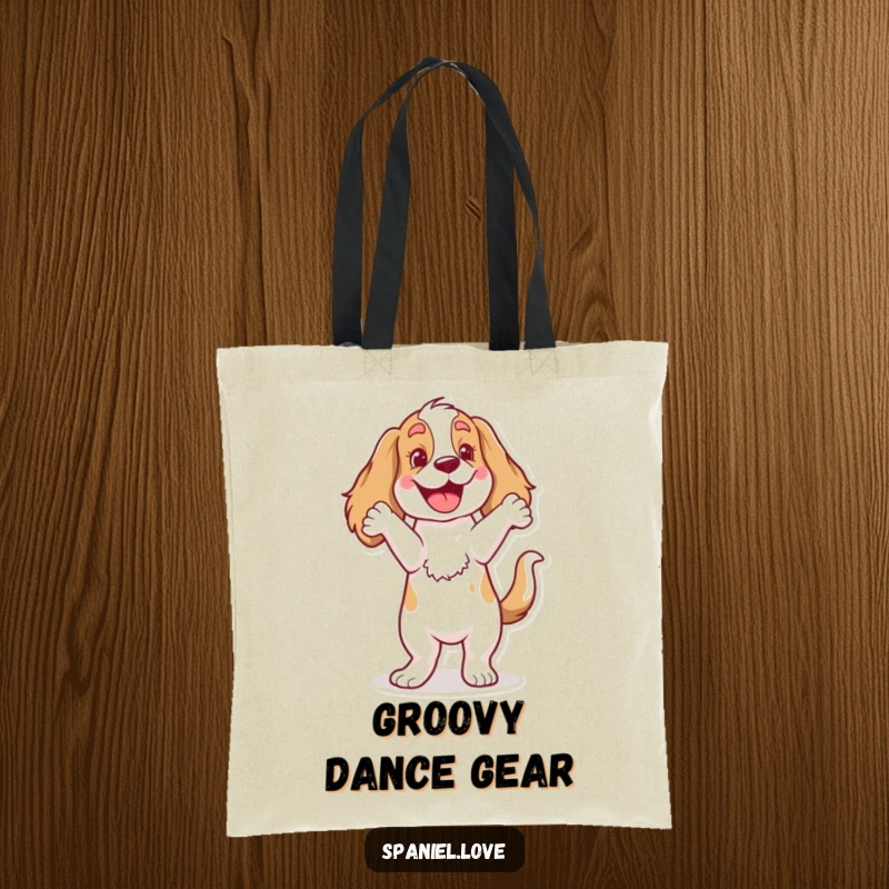Funny Spaniel Tote Bag: A cheerful dog character performing a happy dance with an excited wagging tail, great for carrying essentials.