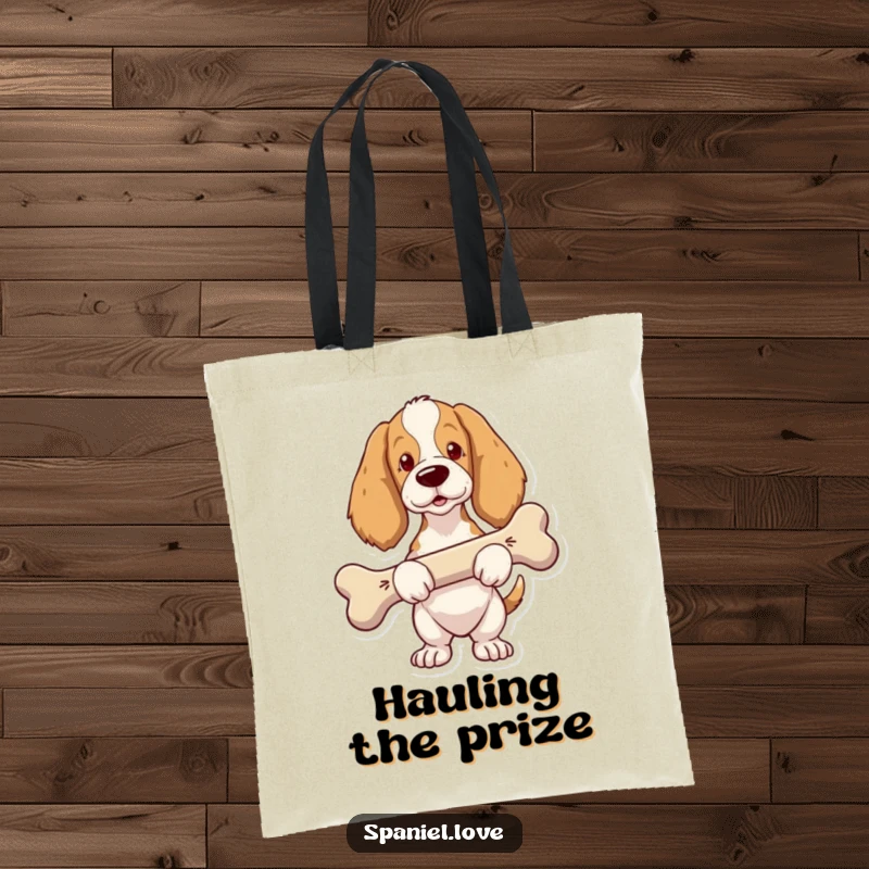Funny Spaniel Tote Bag: A spaniel with a proud look carries a comically oversized bone, a humorous accessory.