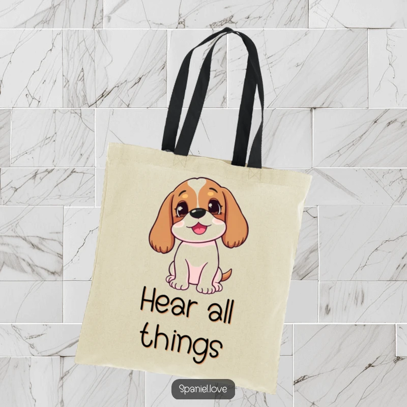 Funny happy spaniel with head tilted, listening intently on a tote bag, ideal for carrying essentials with curious charm.
