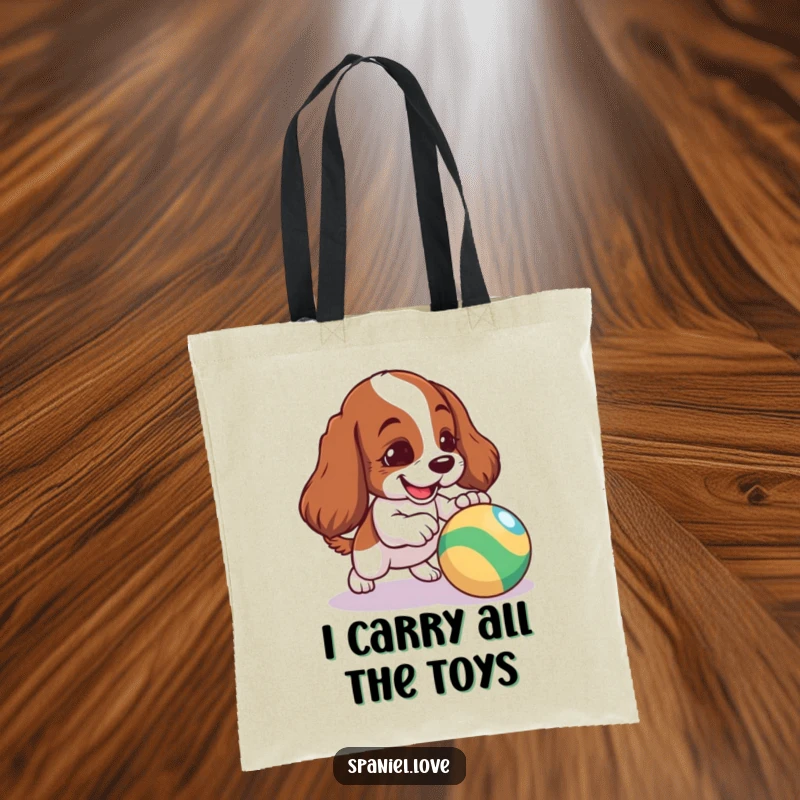 Funny Spaniel Tote Bag: A mischievous spaniel playfully nudging a colorful ball, ideal for daily use.