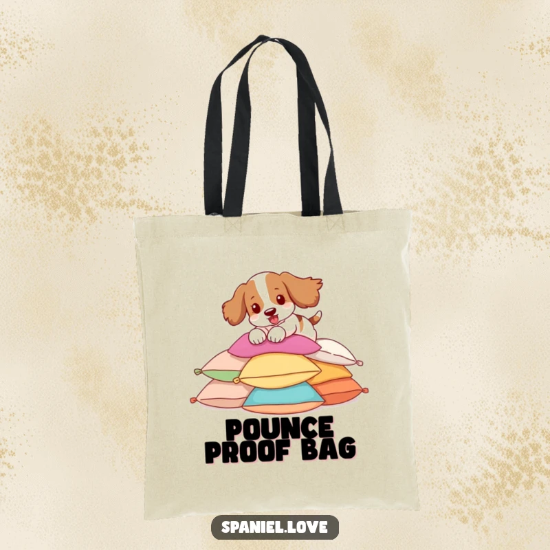 Funny Spaniel Tote Bag showing a spaniel enthusiastically pouncing on colorful pillows, a practical and fun item.