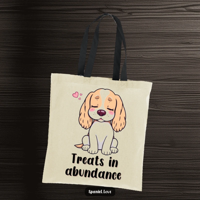 Funny Spaniel Treat Dream Tote Bag: A spaniel dog is depicted sleeping soundly, dreaming of a never-ending supply of yummy treats.